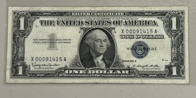 Series 1957 B Us $1 Note One Dollar Bill Blue Seal Silver Certificate