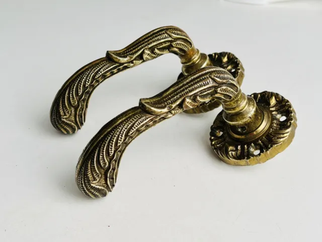 Vintage Ornate Brass 4.25" Door Cabinet Pull / Handles Ostrich Feather Motif