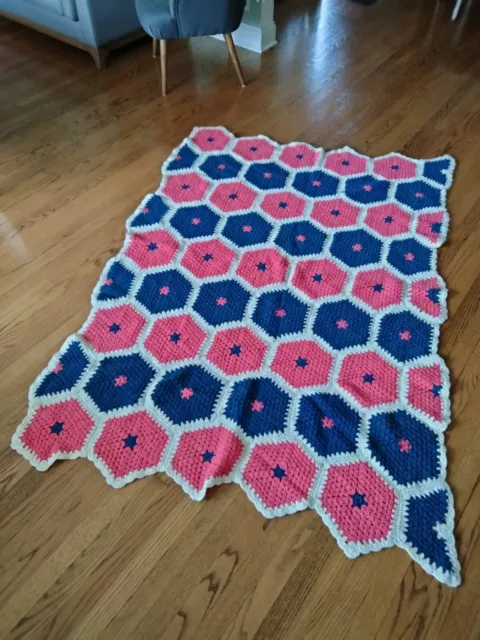 Vintage 1970s Granny Crochet Knit Afghan Blanket Handmade 4' x 6' Pink Navy Blue