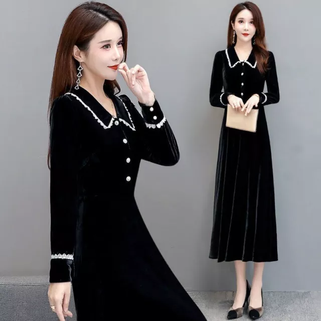 Women Japanese Velvet Midi Dress Stand Collar Stretch Party Evening Gown