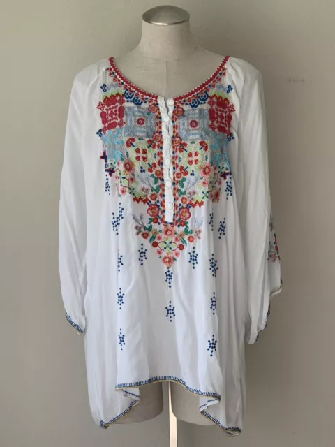 Johnny Was White Eyelet Embroidered Peasant Top Blouse Tunic 3/4 Sleeve Size 2X