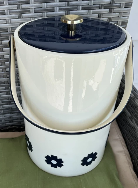 Vintage Georges Briard White Vinyl MCM Applied Blue Flowers Rare. Tall. Hi