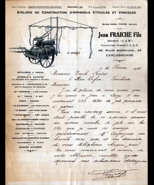 CARCASSONNE 11: CONSTRUCTEUR APPAREILS VITICOLES & VINICOLES "Jean FRAICHE" 1934