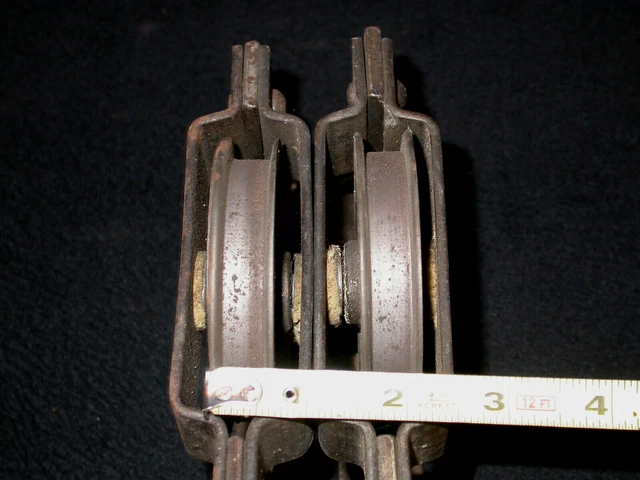 Pair Antique Vintage Barn Door Line Pulleys 3 3/8” Wheel Farm Tool - Lot of 2 7