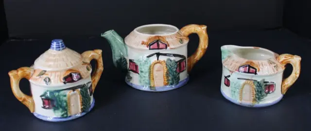 Vtg Royal Bayreuth Village Teapot, Creamer, Sugar Occupied Japan