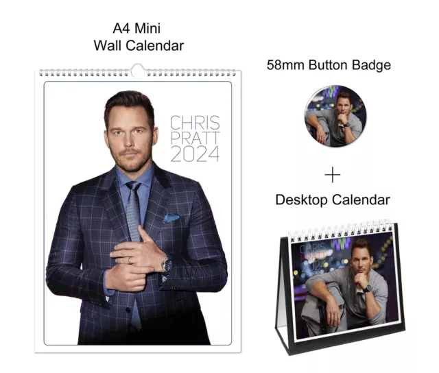 CHRIS PRATT 2024 A4 Wall + Desktop Calendar + Pin Button Badge 20.82