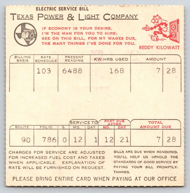 TEXAS POWER & Light Company Vintage Electric Service Invoice Bill