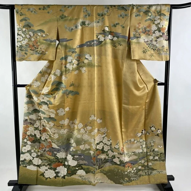 Woman Japanese Kimono Houmongi Silk Flower Stream Gold Foil Golden Yellow
