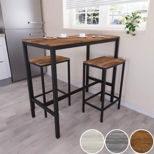 Wooden Bar Table & Stool Set 2 Seater Chair Industrial Kitchen Dining Room