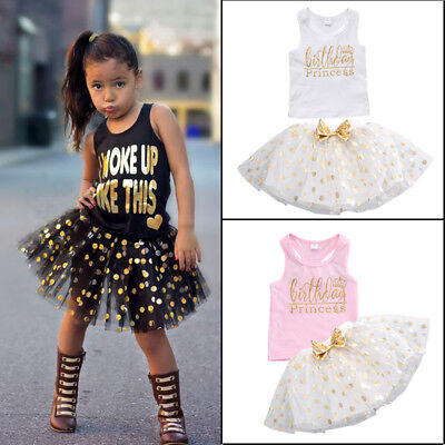 Polka Dots Girls Outfit Sleeveless Top Tutu Skirt Birthday Party Kids Clothes
