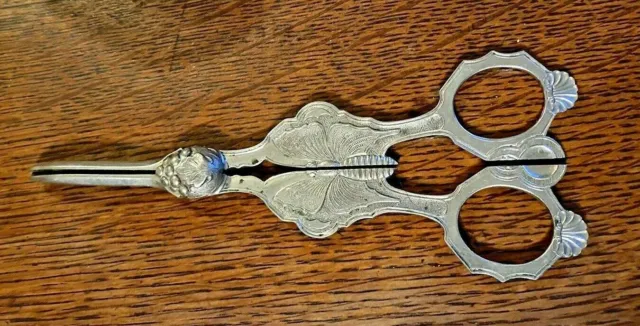 Vintage Antique Victorian Silver Plated Grape Scissors Unusual Butterfly Center