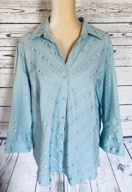 Women’s 3X Blouse Worthington Stretch Blue Striped Button Down 3/4 Sleeve Soft