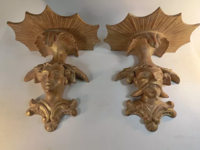 Pr 13.5” Chinese Chinoise Chippendale Hand Carved Gilt Wood Wall Shelf Brackets