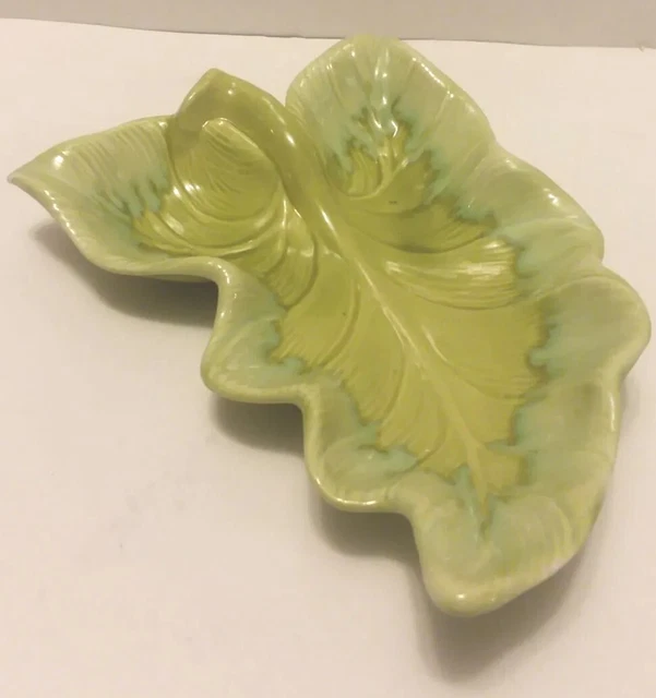 VINTAGE ROYAL HAEGER R916 Green Drip Glaze Leaf Platter,Dish 10" × 6