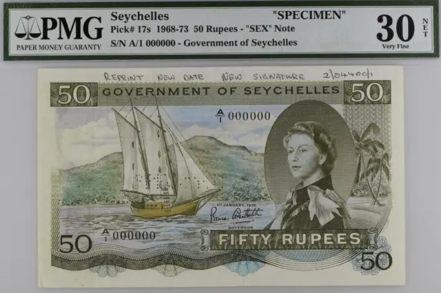 Seychelles Queen Elizabeth II 50 Rupees SPECIMEN (SEX) Note #p17s PMG 30 1973