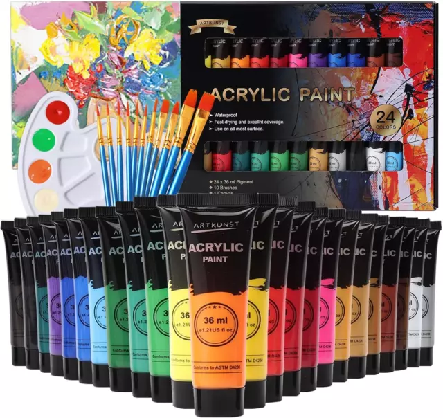 ARTKUNST Acrylfarben Set, 24 X 36 ML Acrylfarbenset Mit 10 Pinseln Für Leinwand