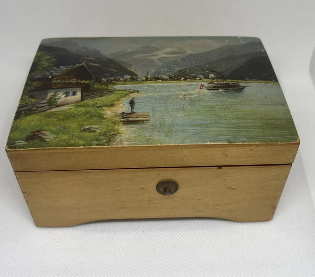 Vintage Thorens 2 Song Wood Music Box  FAUST WALTZ LA TRAVIATA Nature Scene