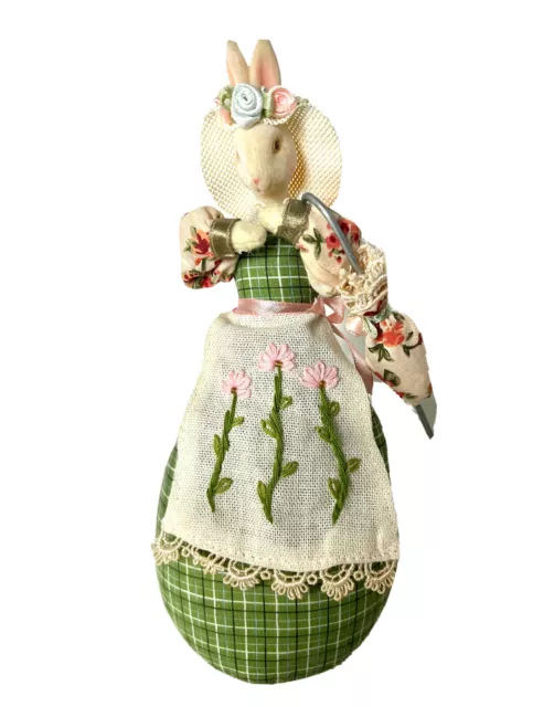 Fabric & Velvet Bunny With Parasol Embroidered Apron 8.75” Tall Weighted Bottom