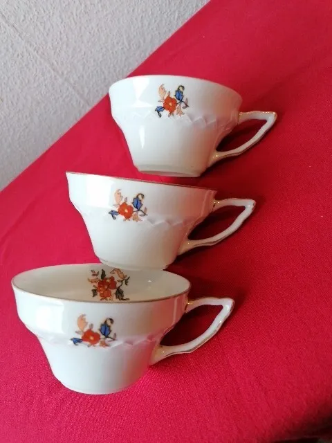 3xSorau Art Deco Carstens Tee-Kaffetassen Blümchen  feines Porzellan Sammeltasse