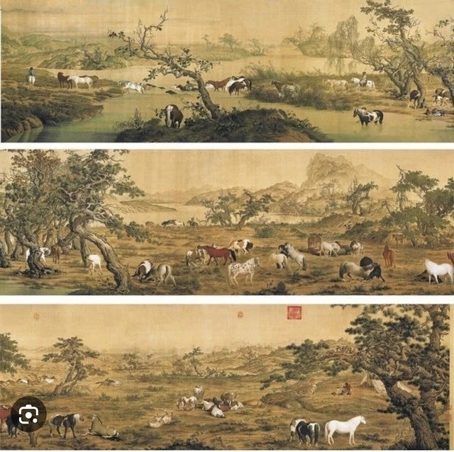 One Hundred Stallions by Lang Shih-Ning (G. Castiglione) 9ft Scroll Art Print