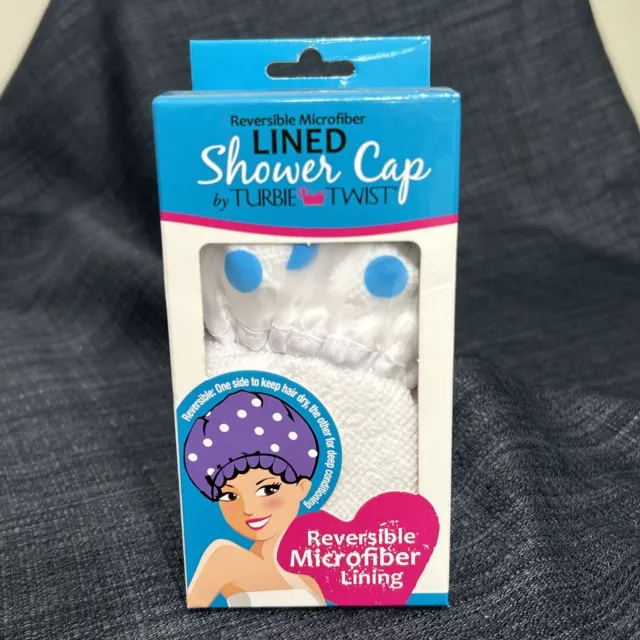 Turbie Twist Reversible Microfiber Lined Shower Cap White Frosted-Blue Dots NEW