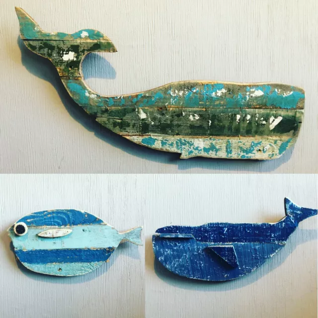 Handgefertigte Holz Distressed Küstenwandkunst - Wal | Seepferdchen | Kugelfisch