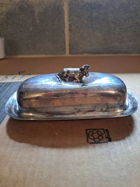 Vtg Reed Barton #5005 Silverplate Butter Dish w/ Cow Finial