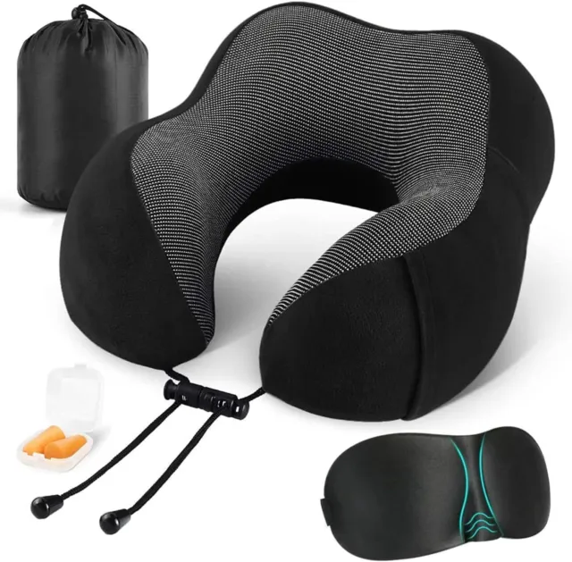 Memory Foam Travel Pillow Neck Support Cushion With Carry Bag Ear Plugs & Mask