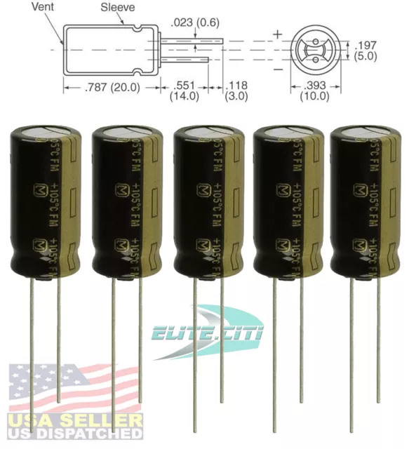 5x Panasonic FM 1000uF 16v Low-ESR radial capacitors 5000 hours @ 105C, 10x20 mm