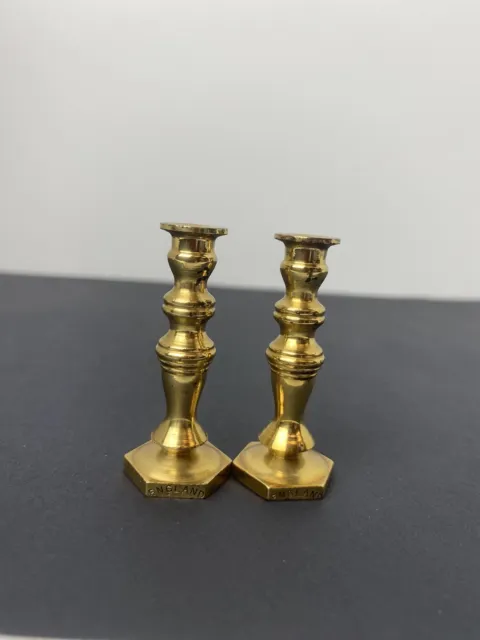 Vintage Dollhouse Miniature Set of 2 Solid Brass Candle Sticks Holders Taper 2”H