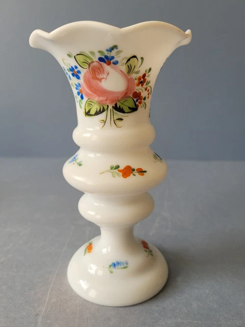 Victorian Milk Glass Vase Hand Blown & Painted Wavey Rim.