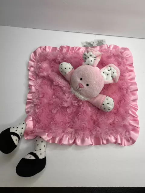 Baby Starter Security Blanket Pink Bunny Rabbit Black Polka Dot Swirl Fur Ruffle