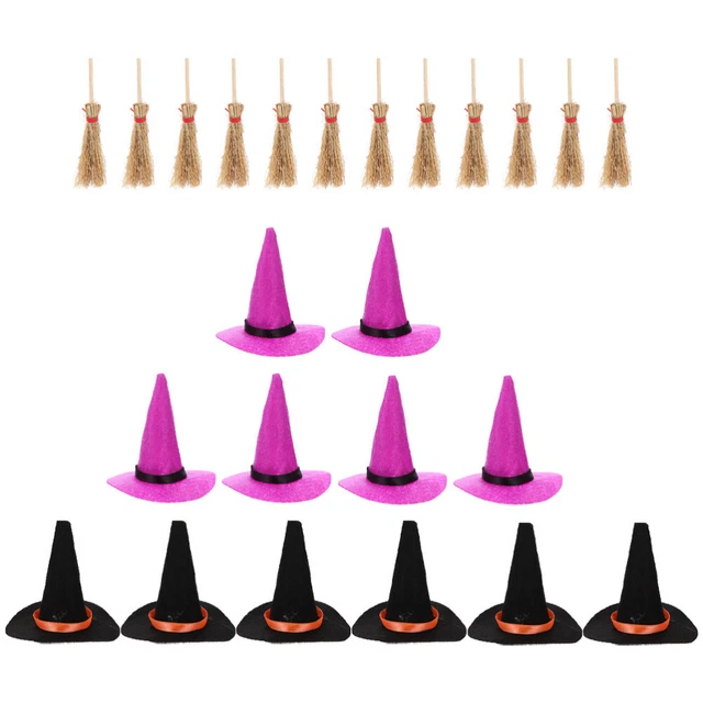 HALLOWEEN WITCH DECORATIVE Felt Hat and Broom Set Doll House Hats ??9.79