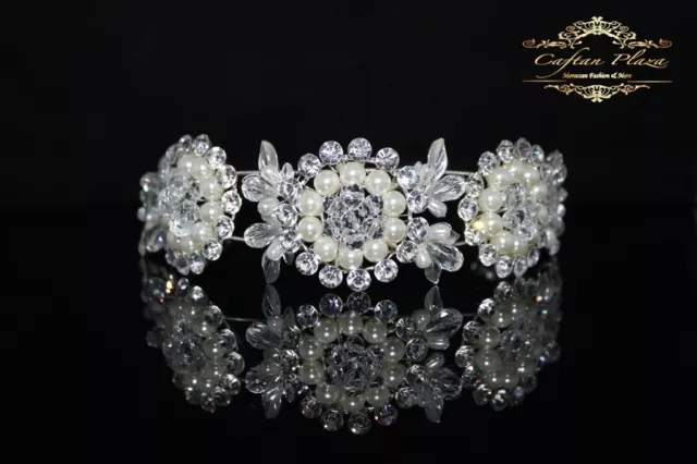 Tiara L Diadem Krone Strass Perlen Kristall Brautschmuck Hochzeit Silber elegant