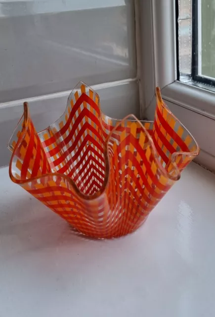 Vintage Chance Brothers Glass Vase Handkerchief Orange/Red Gingham Check - 70s