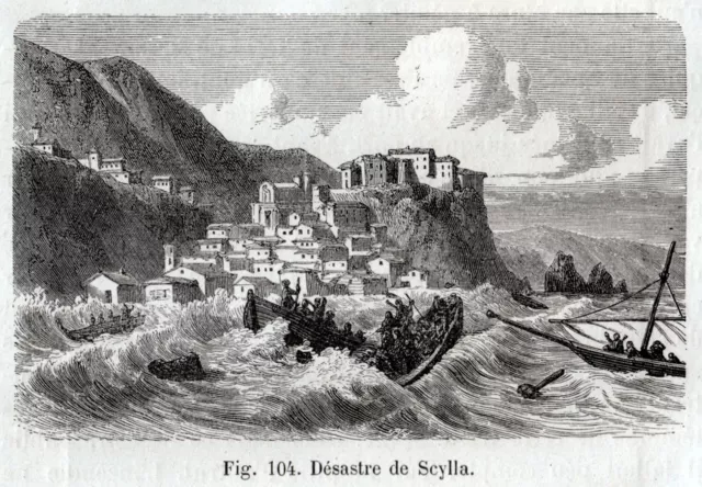 Scilla: terremoto e maremoto del 1783. Stampa Antica + Passepartout. 1880