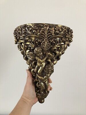 Vintage Cherubs Ornate Resin Small Wall Gold Sconce Shelf 10”Tall, 8.5” Wide