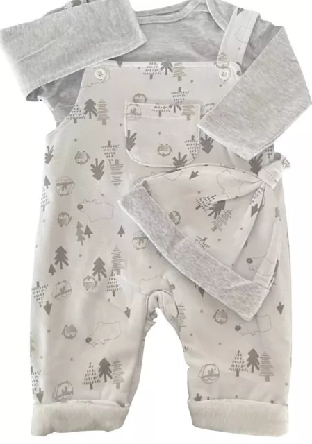 NEU Baby Jungen Set 3-teilig Strampler Shirt  + Mütze Gr. 56 62 68 74 grau weiß