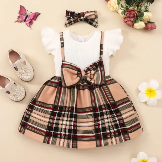 Newborn Baby Girl Clothes Infant Romper Plaid Suspender Dress Outfit Jumpsuit