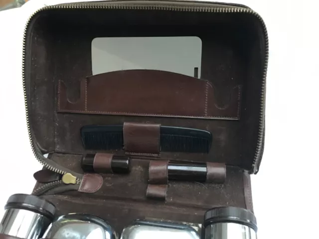 Vintage Mens Travel Shaving Grooming Kit in Brown Leather Case 1950s 3