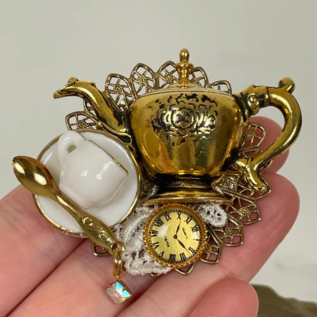OOAK TEAPOT RHINESTONE BROOCH Alice in Wonderland Miniature Teacup Clock Lace