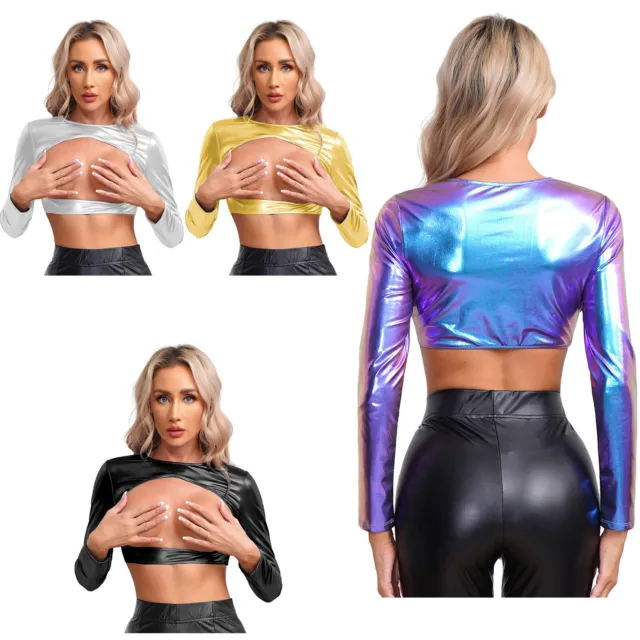 Womens Crop Top Metallic Shirt Festival Tee Bodycon Party Cut Out Carnival PVC