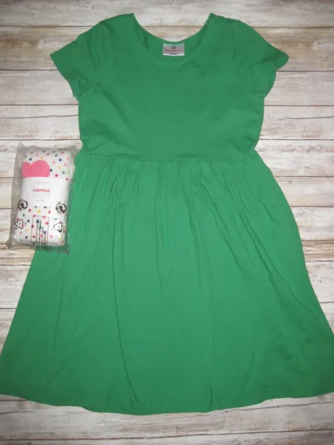 Hanna Andersson girls 130 8 Green Bright Basics Short Sleeve Dress & NWT Tights