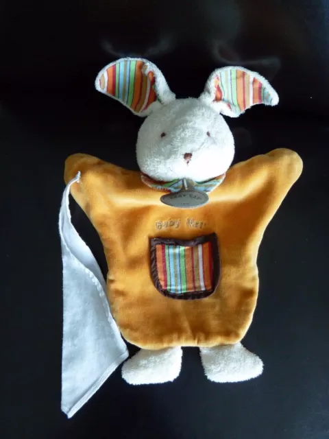L4. DOUDOU PLAT MARIONNETTE BABY NAT LAPIN MOUCHOIR BLANC orange rayé EXC. ETAT
