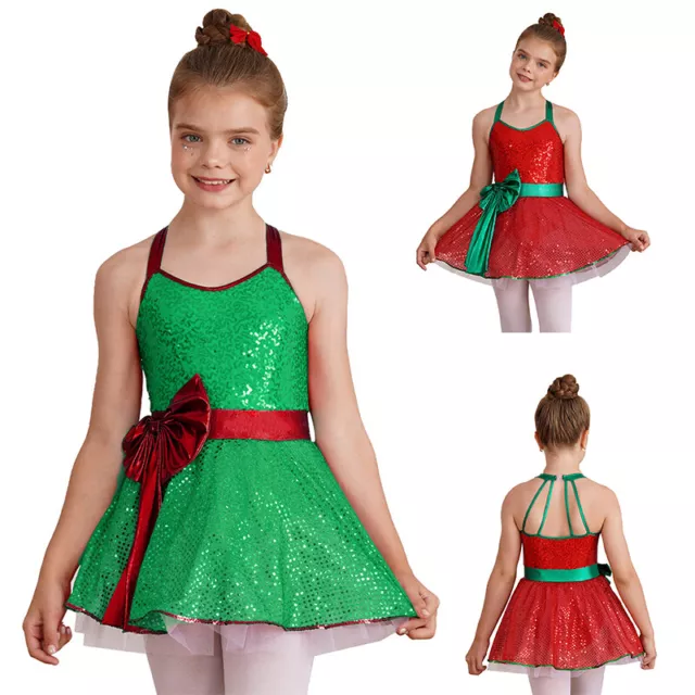 Costume Babbo Natale Ragazze Natale Paillettes lucide danza body tutù
