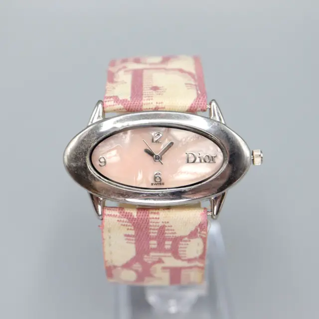 Christian Dior Watch Womens Silver Tone Pink MOP Oval Dial Swiss Fresh Battery