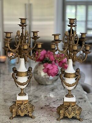 Pair of Gorgeous Brevettato Antique Vintage Brass Louis XIV Cherub Candelabras