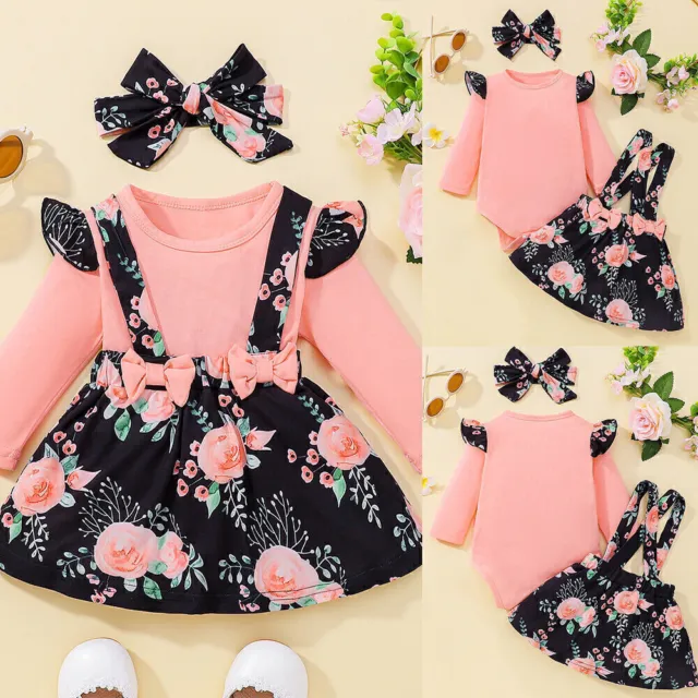 3PCS Newborn Baby Girls Floral Romper Tops + Skirt Headband Dress Outfits Set