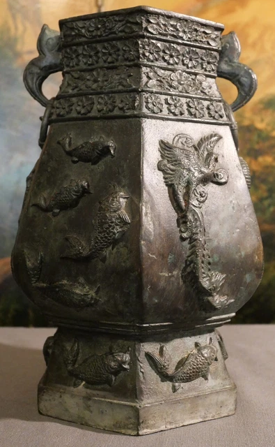 Early 20th Century Chinese Archaic Style Patinated Bronze Hexagonal Footed Vase