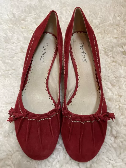 Perlina Women’s suede leather Shoes chunk heel Round Toe RED Size 8.5